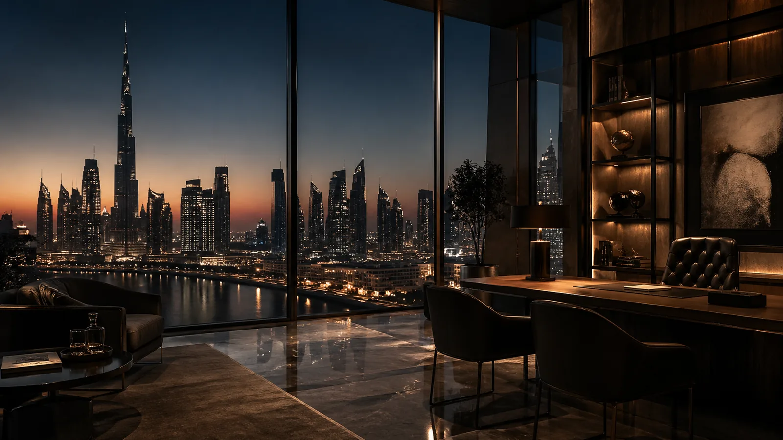 Premium Dubai family office study room overlooking the city skyline