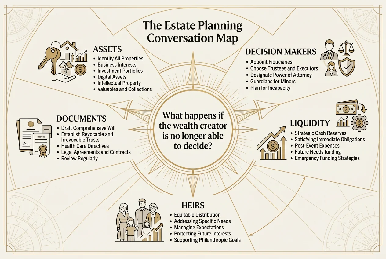 Estate planning conversation map covering assets, documents, decision makers, liquidity and heirs