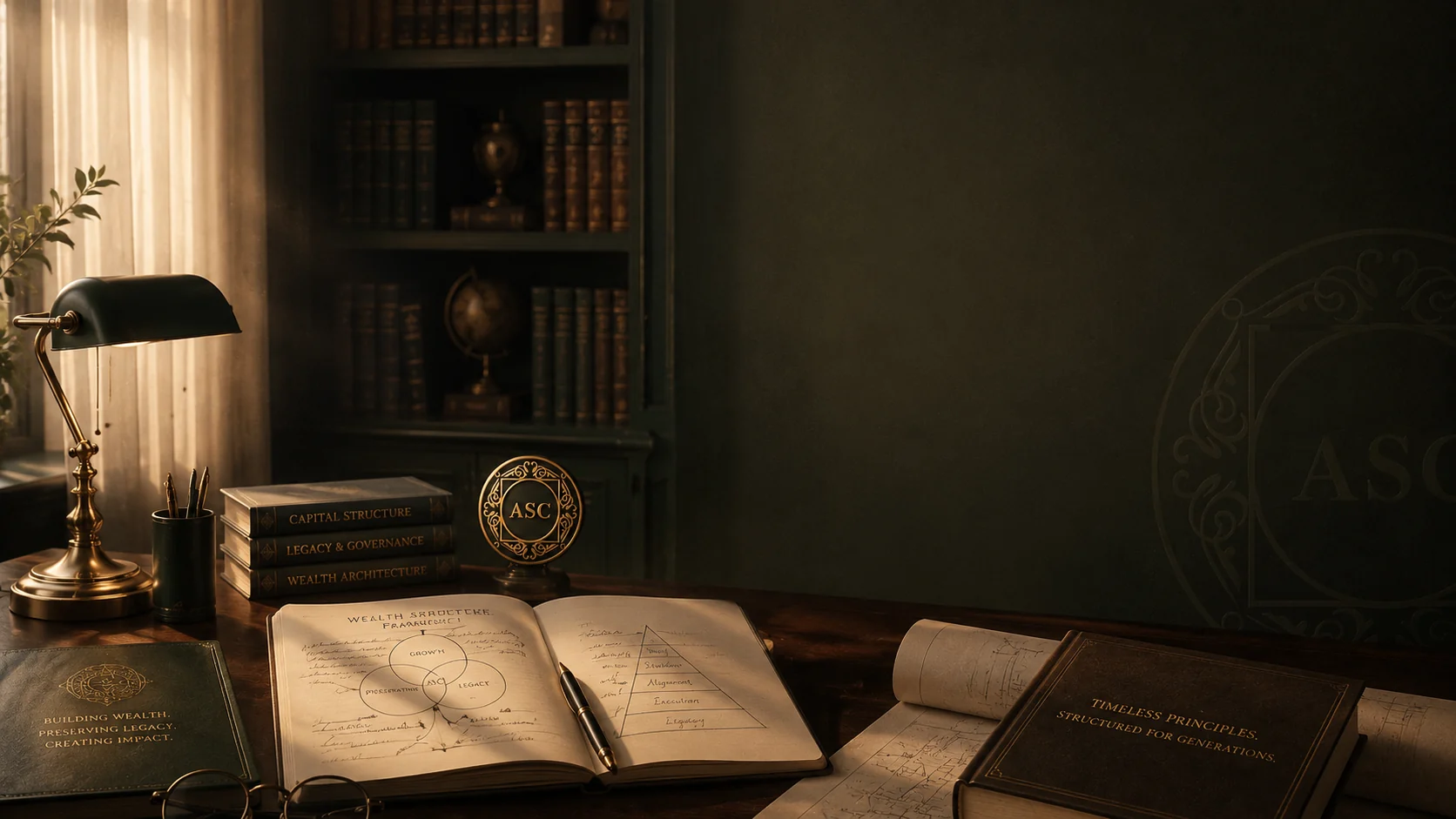 ASC private wealth study desk with frameworks, books and learning notes