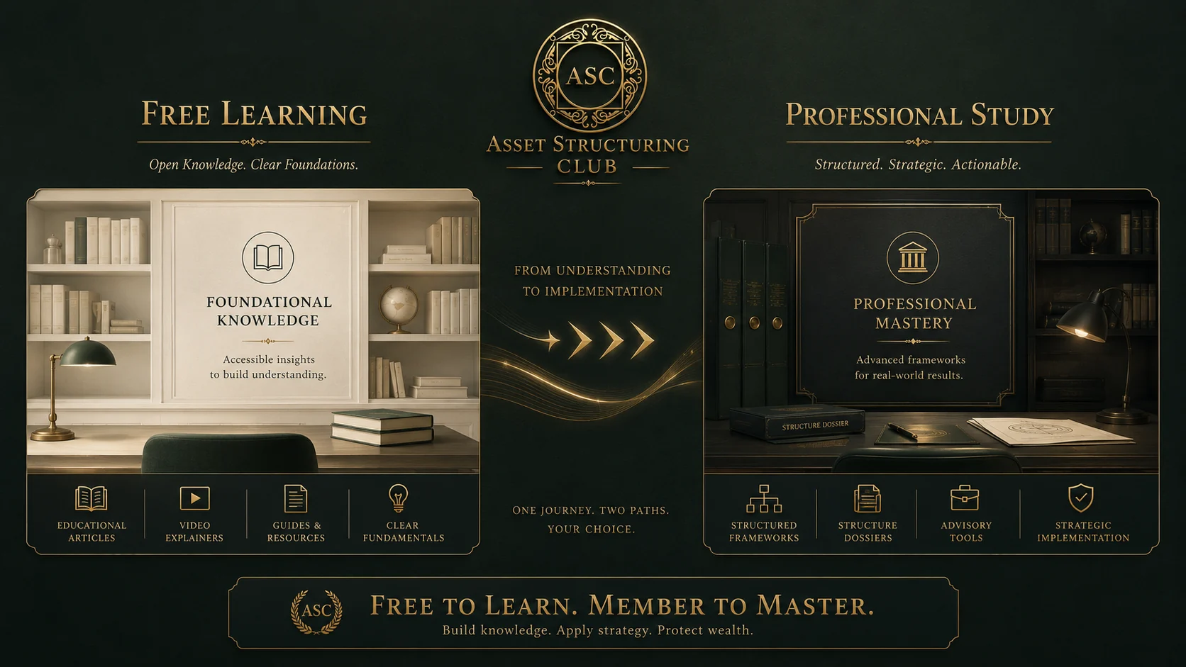 Free Learning versus Professional Study visual showing the transition from foundation knowledge to professional mastery