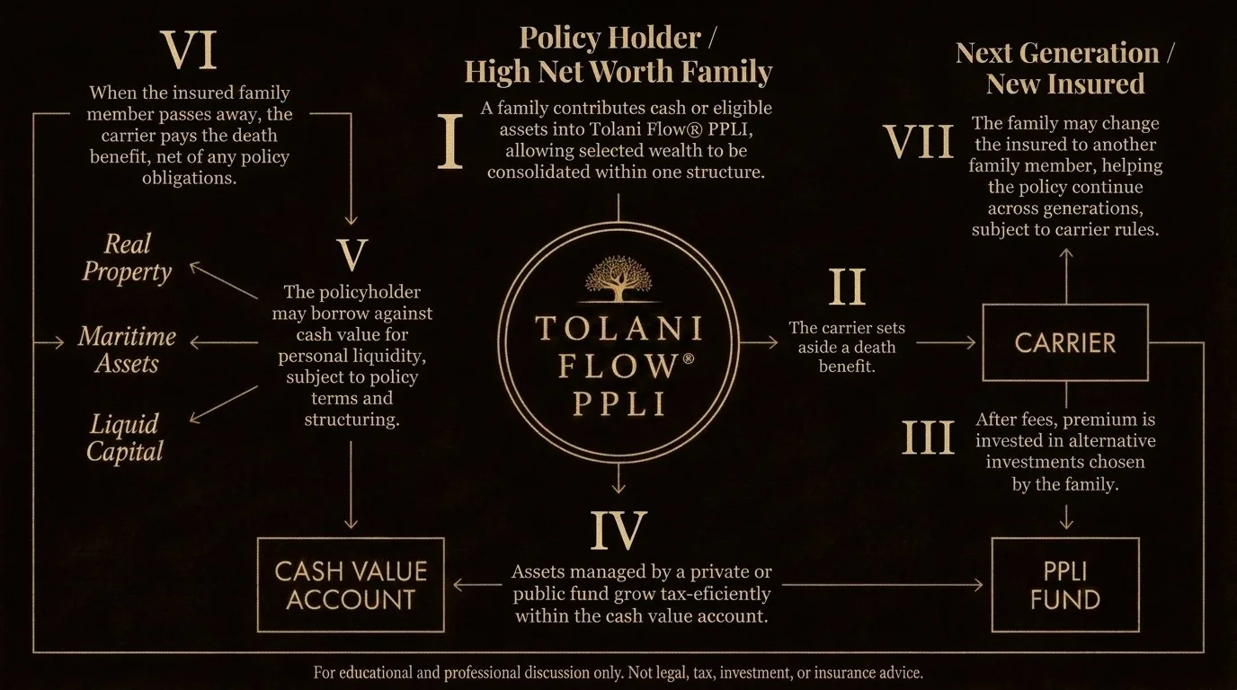 Tolani Flow PPLI system diagram showing policyholder, carrier, PPLI fund, cash value account and generational continuity